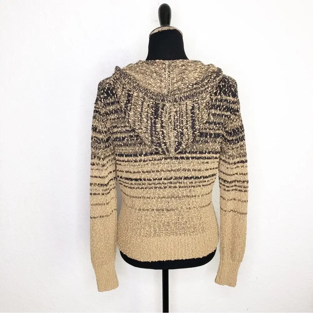 J Crew tan black striped knot knit hooded sweater size XXS